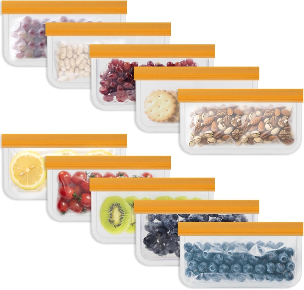 Reusable Food Storage Bags - 10 Pack Snack Bag Freezer Bags - Extra Thick Preservation Bags, Leakproof Silicone Bag for Meal Prep, Kitchen Organization