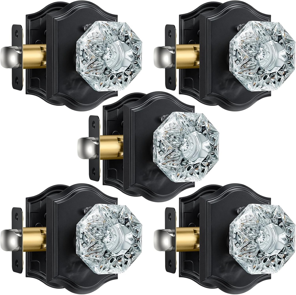 5 Pack Crystal Door Knobs, Glass Door Knobs with Lock for Privacy Use, Black Vintage Crystal Doorknob Set