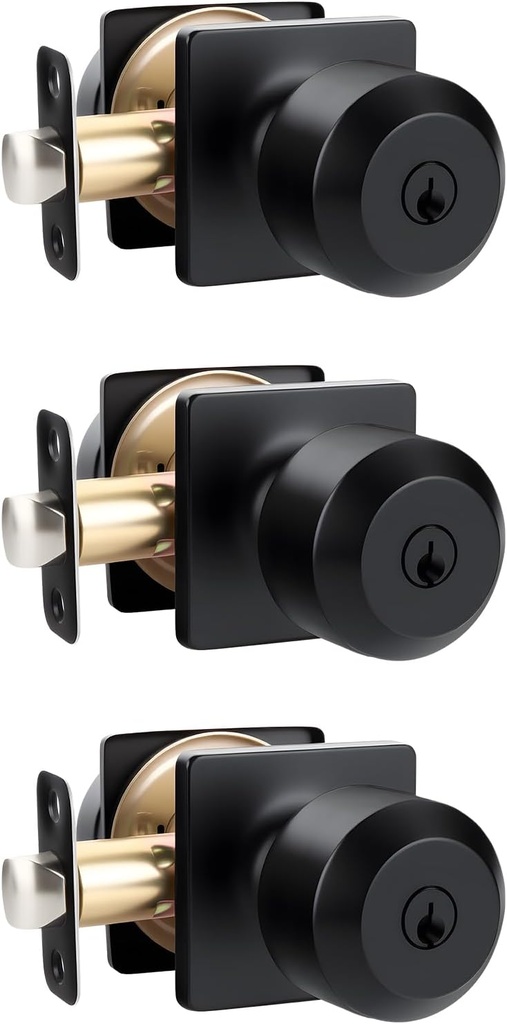 goldenwarm Matte Black Keyed Alike Exterior Door Knob, Front Door Knob with Lock and Key, Black Door Knobs Exterior 3 Pack