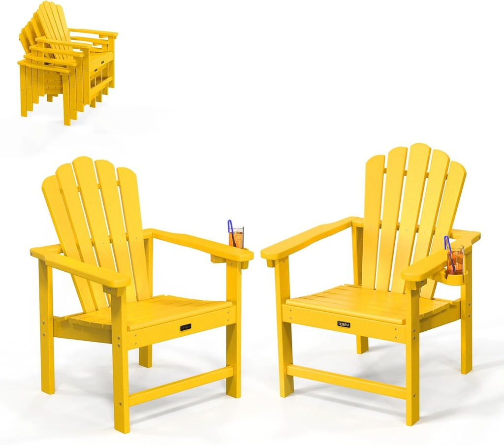 VINGLI Plastic Folding Adirondack Chair with Cup Holder, 100% Recyclable HDPE Material, 380lb Weight Capacity for Outdoor Pool Patio Lounge Chair Lawn Furniture Fire Pit, 2 Pack, Lemon Yellow