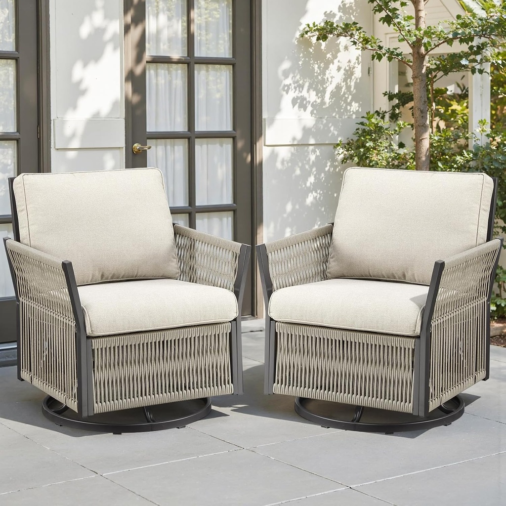 Wicker Swivel Rocker Patio Chairs, Patio Wicker Chairs Swivel Rocker Set of 2 Comfy Glider Rocking Chair Outdoor Conversation Furniture Set for Deck Porch Sunroom Backyard, Beige