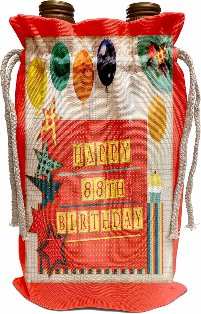 Wine Bag - 88th Birthday, Balloons, Cupcake, Stars, Block Letter, Orange, Green Birthday Design