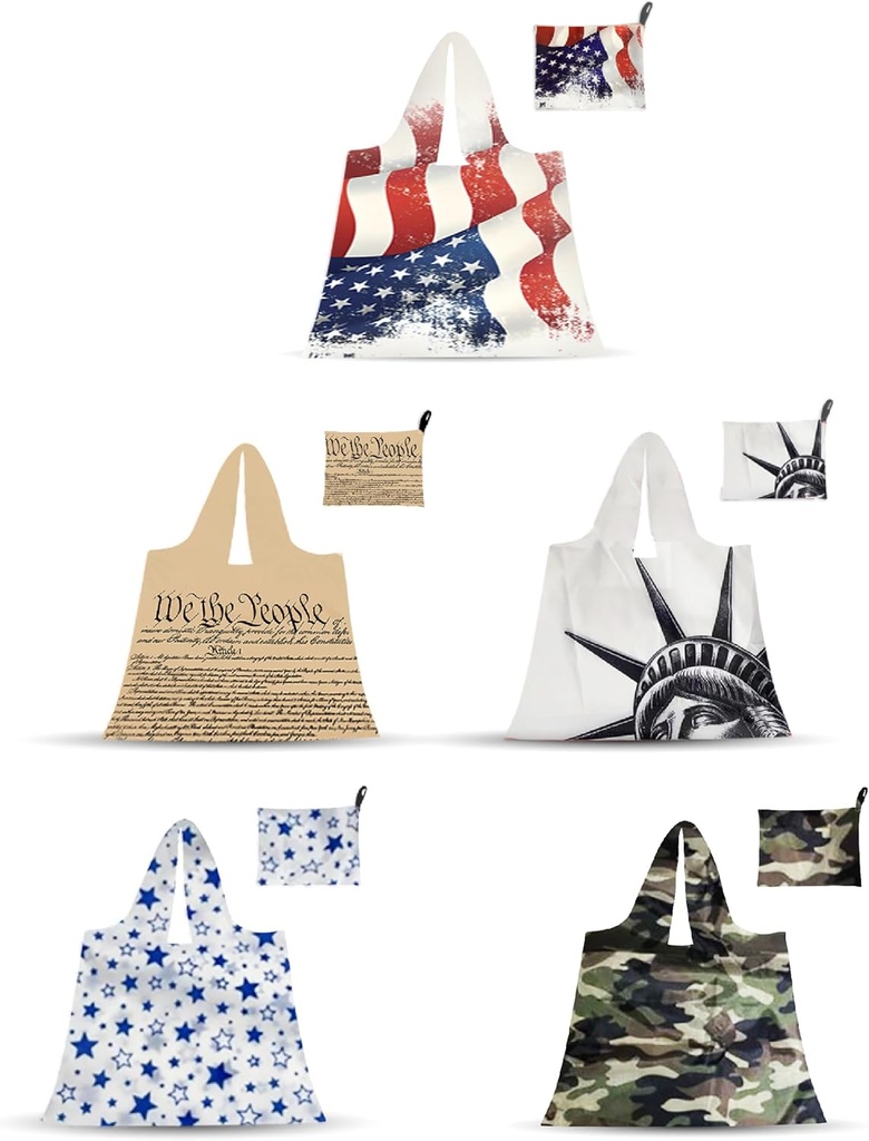 Reusable-Grocery-Bags-Foldable-Machine-Washable-Reusable-Shopping-Bags-5 Pack All American Patriotic 50LBS Extra Large Bags Totes w External Pouch Storage Pouch Lightweight Nylon Fabric