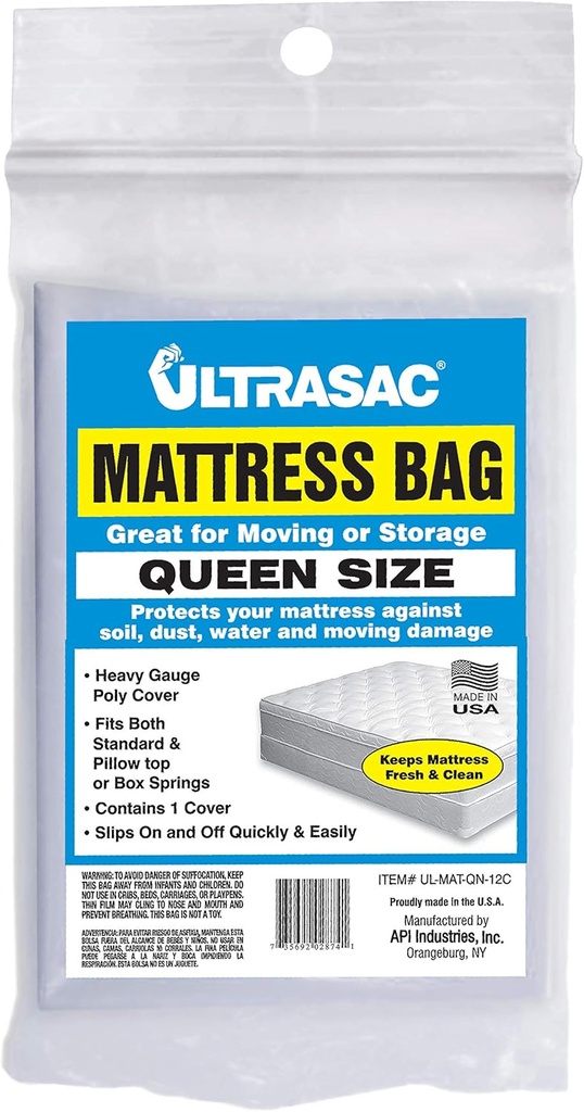 Ultrasac High Performance Queen Size Mattress 2.0 MIL (eq) Clear Cover Waterproof Bags - 70" x 92" - Pack of 1 - for Moving, Storage, & Commercial