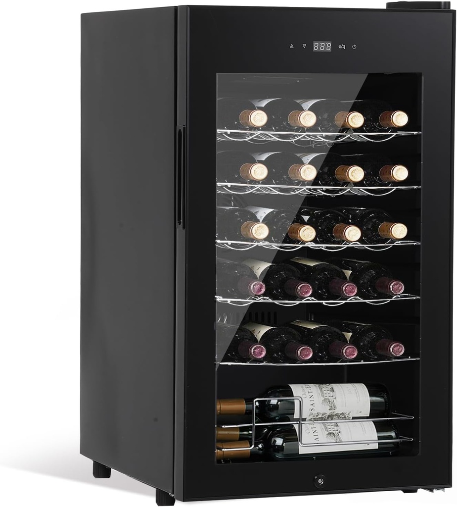 28 Bottle Compressor Wine Cooler Refrigerator, Wine Fridge Freestanding Wine Cellar for Red Wine, White, Champagne, Sparkling Wine with Digital Temperature Control, Soft LED Light, Glass Door