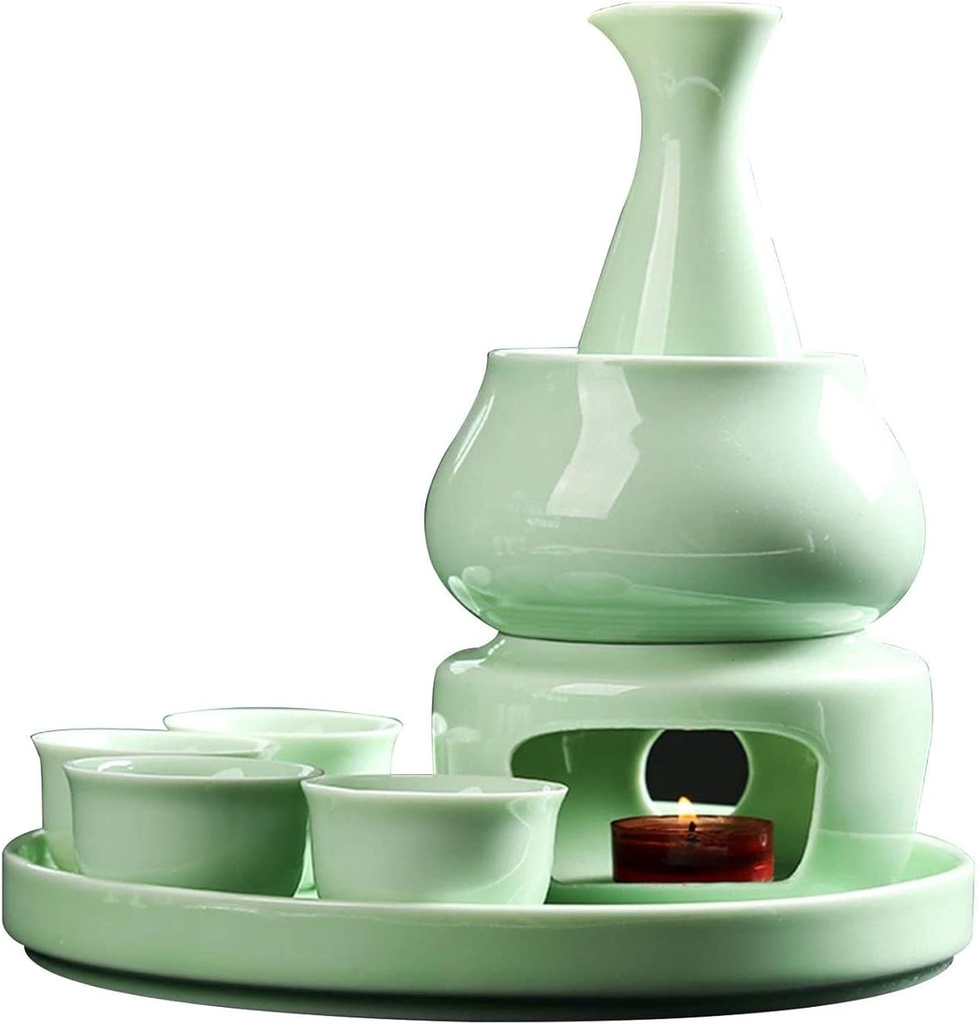 Jese Sake Set and Cups with Warmer Traditiol Porcelain Ceramic hot Drink Set 8 Pieces Includes 1 Stove 1 Heating Bowl 1 Bottle o