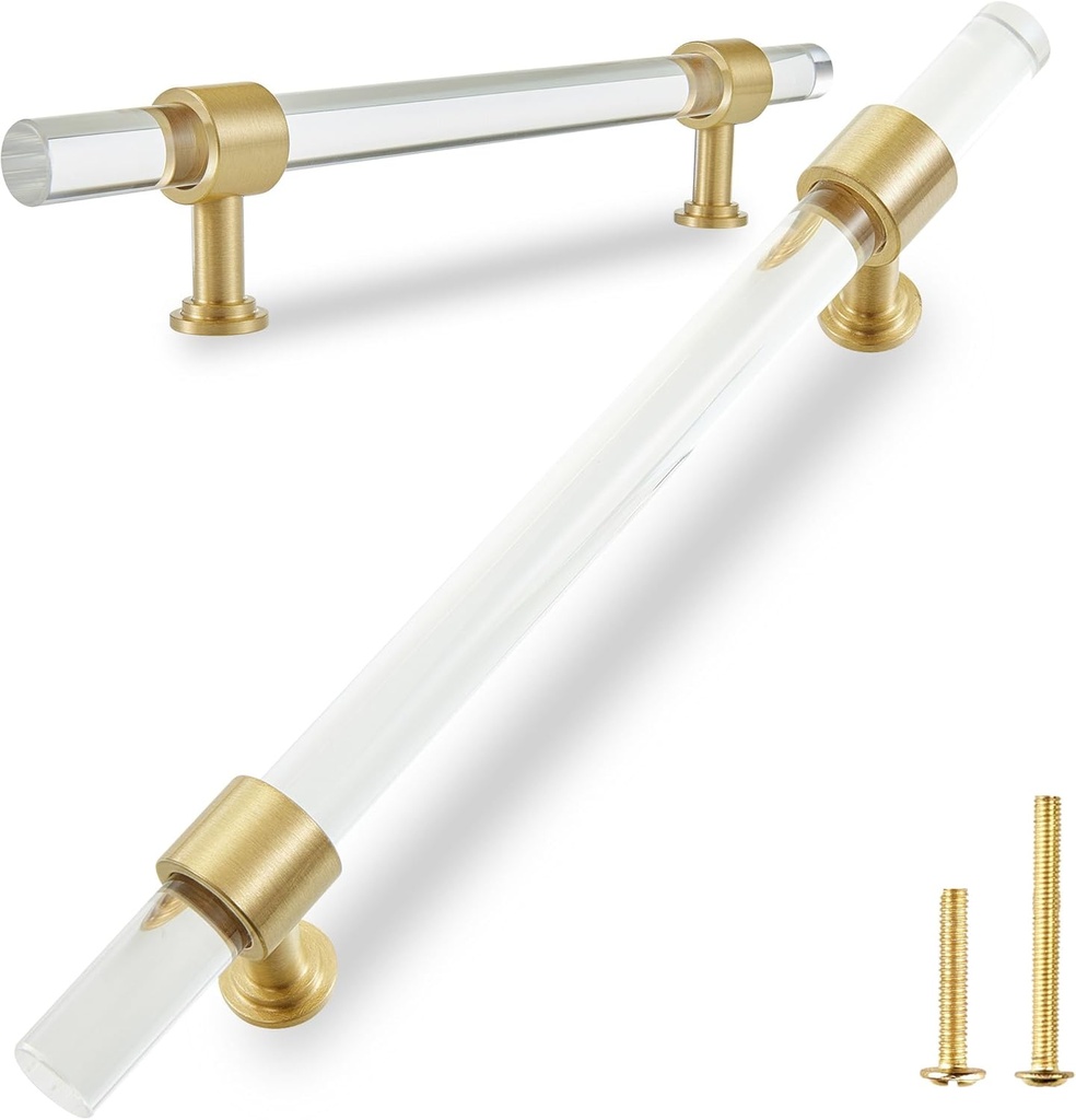 QOGRISUN 5-Pack Acrylic Cabinet Pulls with Brass Base, Gold Modern Drawer Handles, 5-inch Hole Center for Kitchen, Dresser Drawer Clear Glass Crystal Pulls, 7.7-inch Total Length