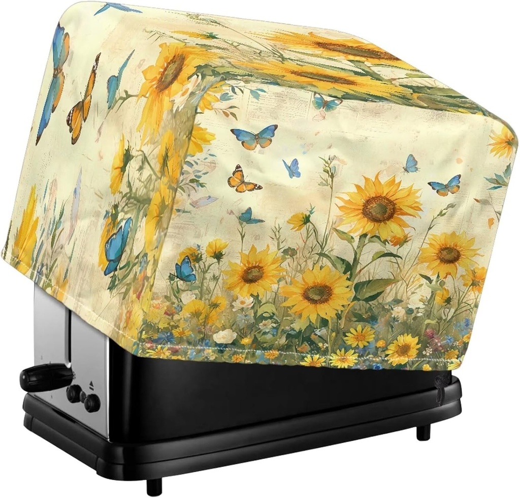 Sunflower Butterfly Toaster Cover No Base for 2 Slice Wide Slot,Toaster Oven Cover Compatible with Most Bread Maker,Toaster Accessories,Toaster Covers with Drawstring(Cover Only)