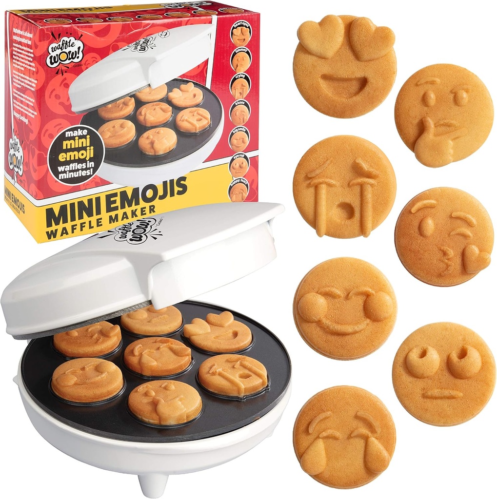 Mini Emojis Waffle Maker for Holiday Breakfast- Make 7 Unique Smiley Face Waffles Pancakes for Kids- Electric Non Stick Iron Feat Kiss Face Heart Eyes & Smile w Recipes, Xmas Gift - Licensed by Emoji
