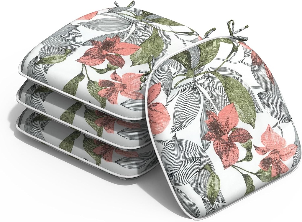 Outdoor Chair Cushions Set of 4, Water Resistant Patio Chair Pads with Ties, Seat Cushions for Home Garden Furniture Decoration, 16"x17", Clemens Noir Pink