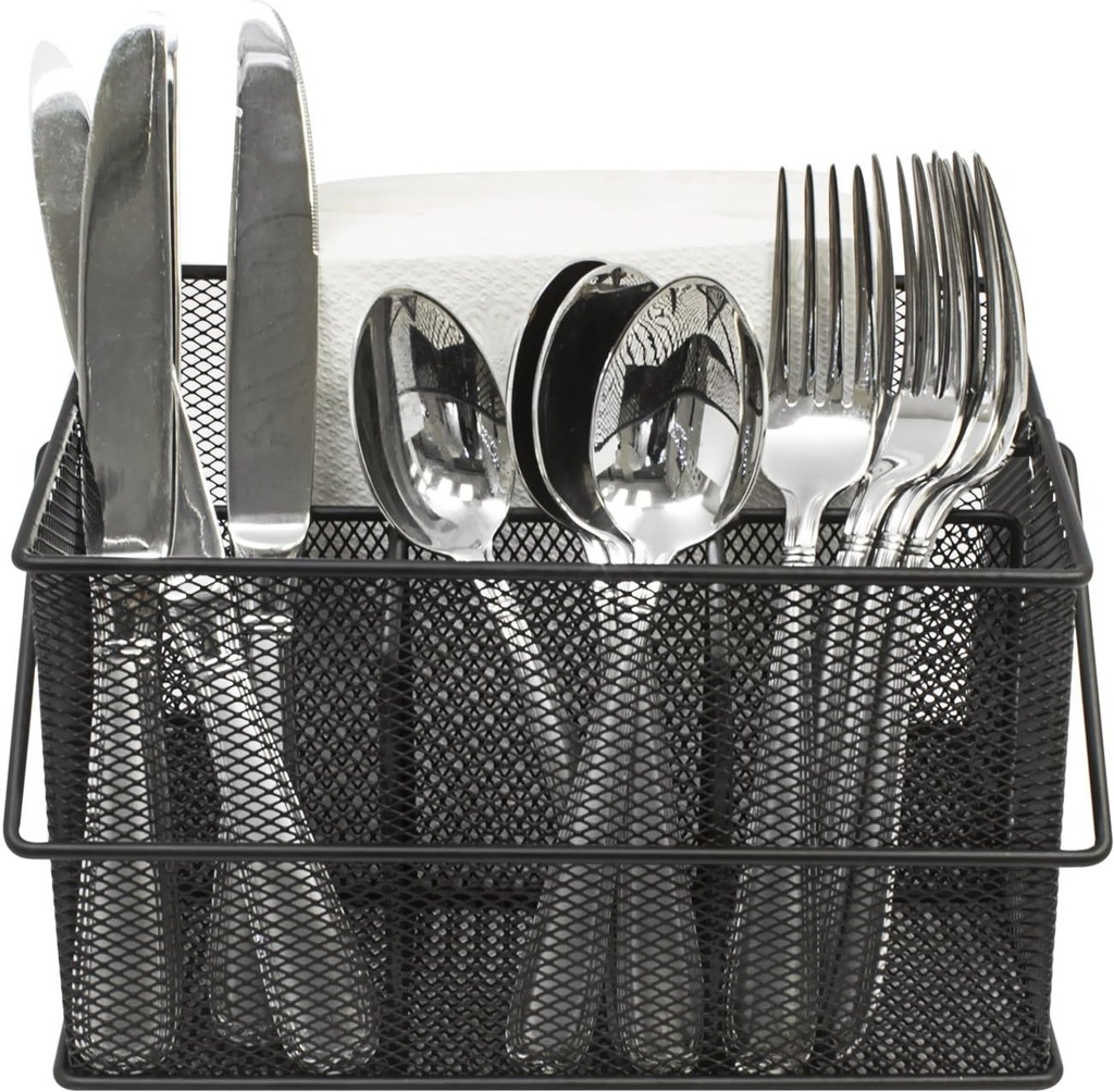 Sorbus® Utensil Caddy — Silverware, Napkin Holder, and Condiment Organizer — Multi-Purpose Steel Mesh Caddy—Ideal for Kitchen, Dining, Entertaining, Tailgating, Picnics, and much more (Black)