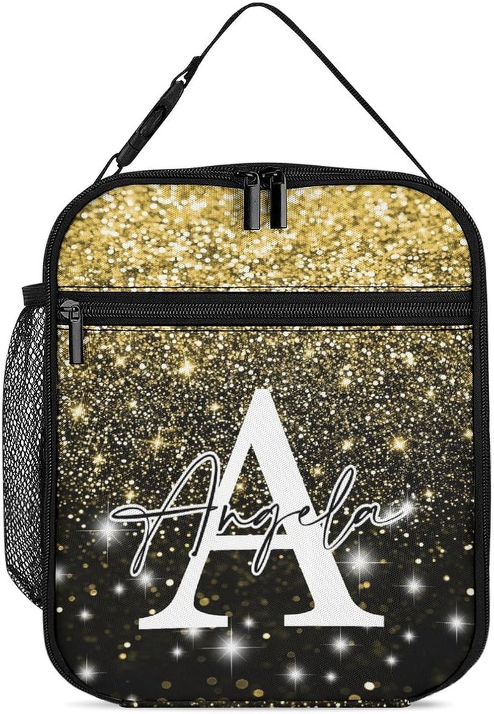 Personalized Golden Yellow Black Bling Print Lunch Box for Gifts, Reusable Insulated Lunch Bag, Adult Lunchbox Cooler Lunchbag Snack Organizer for Picnic Work Outdoors