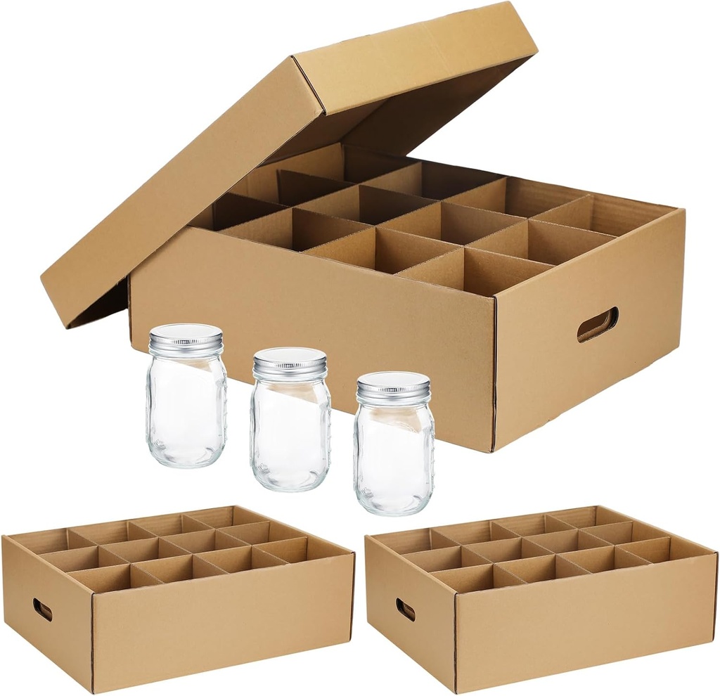 Menkxi 3 Pcs Mason Jar Storage Boxes 16 oz Regular or Wide Mouth Canning Boxes with Handles and Dividers 12 Cells Mason Jar Storage Organizer for Stacking (Natural Color)