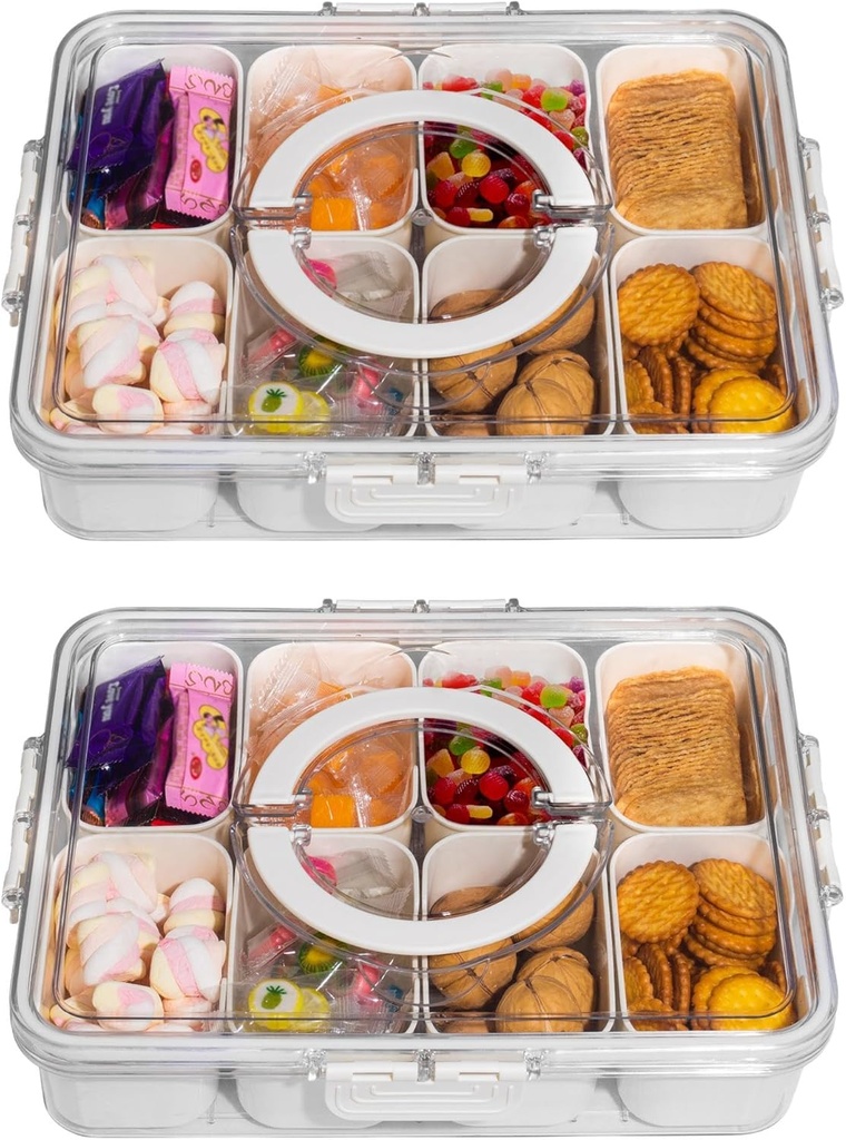Divided Snack Serving Tray with Lid and Handle Travel Snackle Charcuterie Container Portable Storage Organizer for Candy, Fruits, Nuts, Snacks, Party, Picnic 2 Packs White