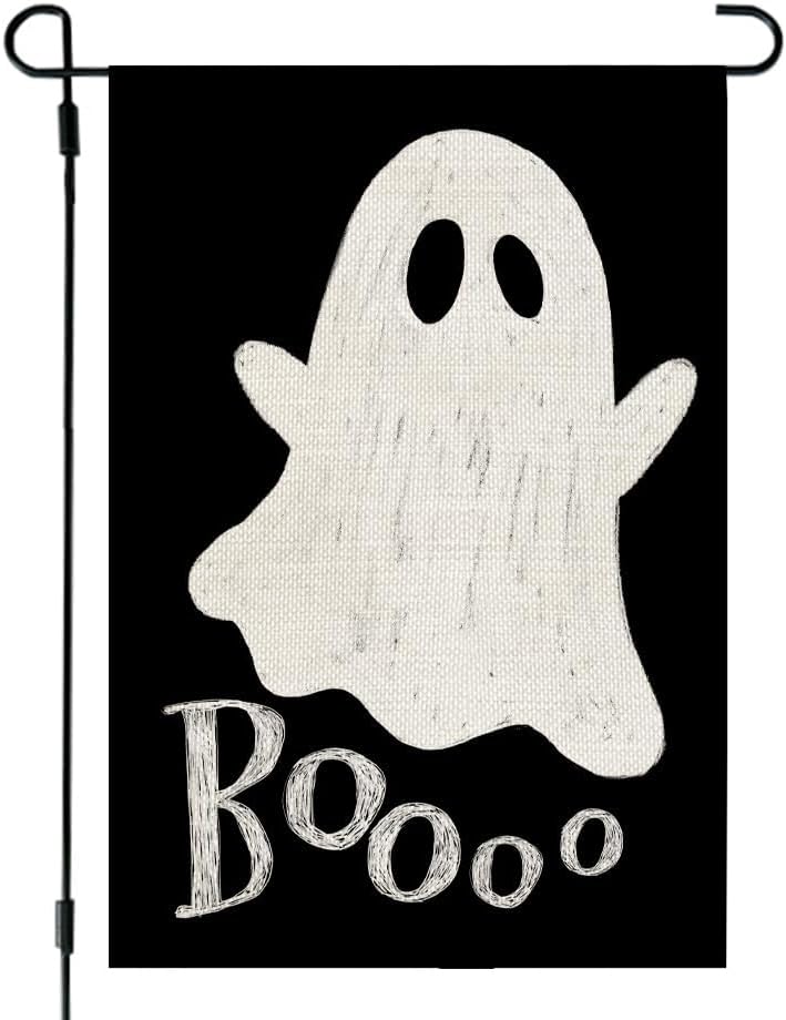 CROWNED BEAUTY Halloween Ghost Garden Flag 12x18 Inch Double Sided Small Burlap for Outside Boo Black Holiday Yard Decoration CF1079-12