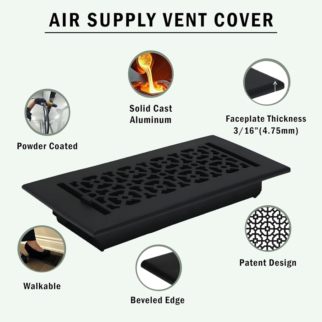Achtek 6"x16" Duct (7-1/2"x17-3/4" Overall Size) Solid Cast Aluminum HVAC Air Supply Grill for Floor-Black Without Screw Holes with Detachable Steel Louver | Powder Coated