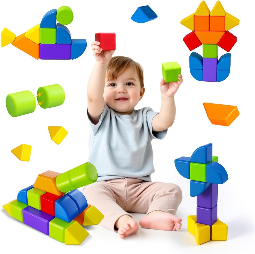 Magnetic Blocks with Multiple Shapes, 1.65 inch Large Magnetic Building Cubes for Kids, Sensory Montessori Stacking Toys for Boys & Girls Ages 3 4 5 6 (21pcs)