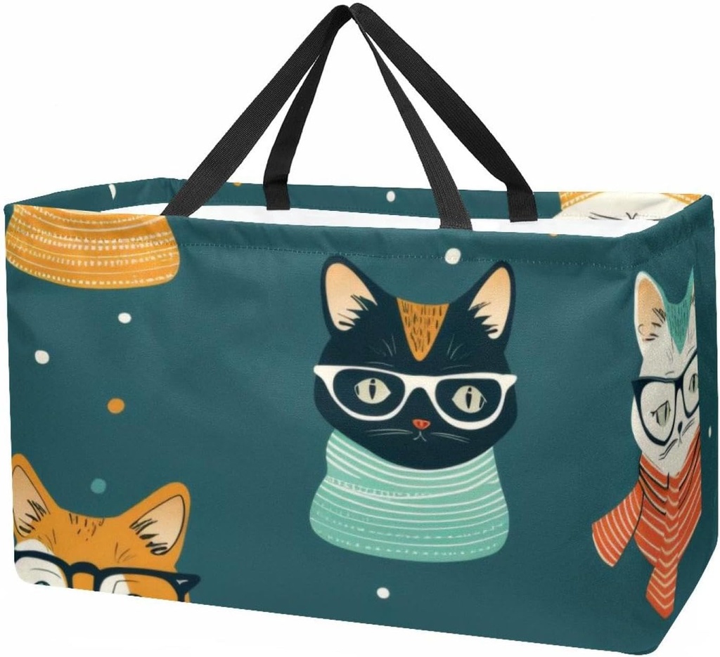 Reusable Grocery Bag Cute Hipster Cute Cats Large Stand Up Tote Shopping Bag with Reinforced Handles