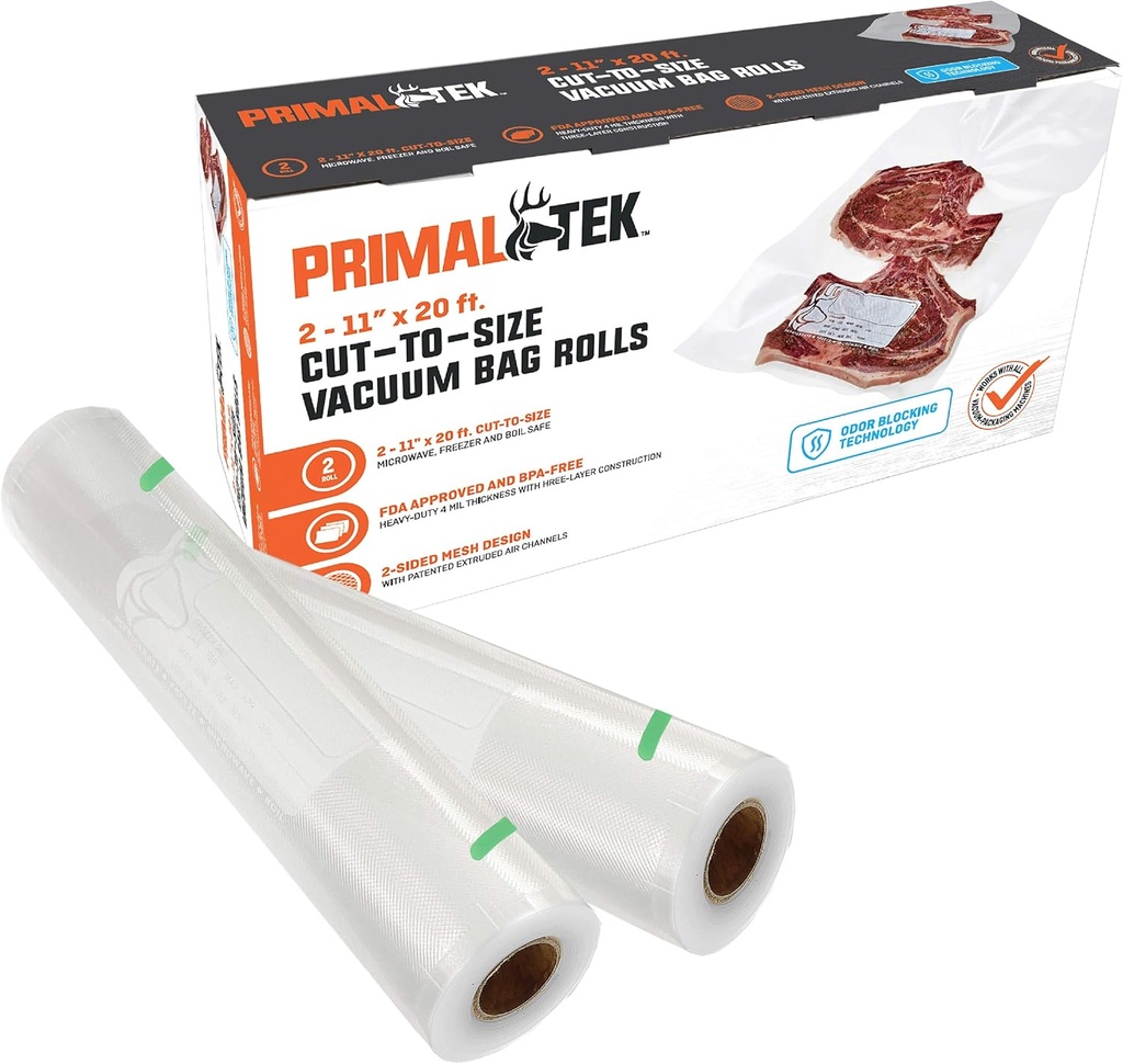 11” x 20’ Cut-to-Size Vacuum Bag Rolls — 2 Rolls Included, User Friendly for Food Preservation — Microwave, Freezer and Boil Safe, BPA-Free, Compatible with Most Vacuum Sealer Machines