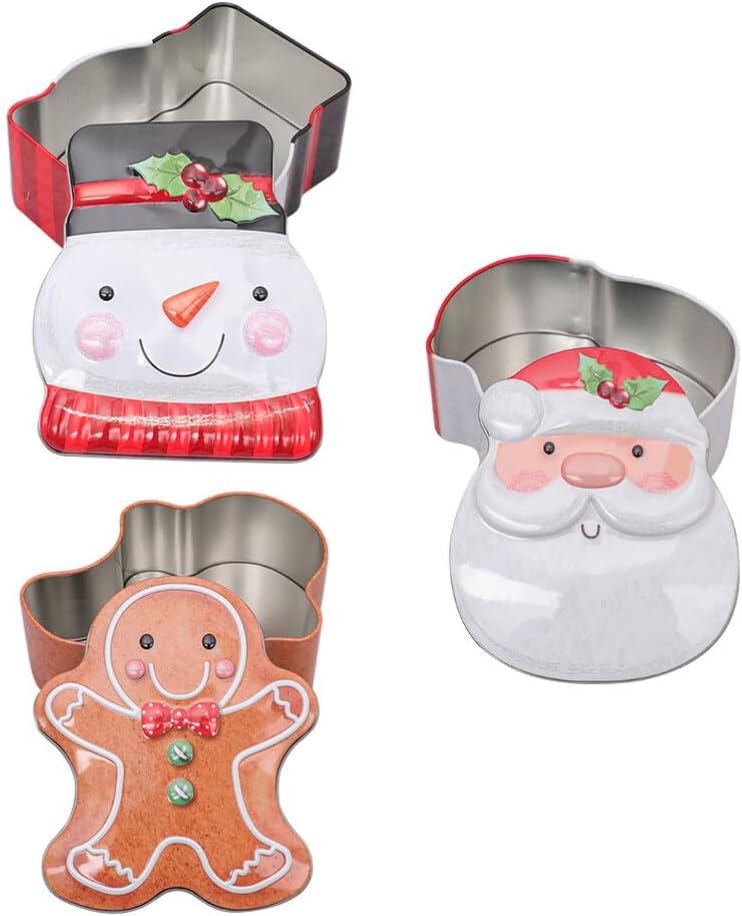 Kichvoe 3pcs Christmas Tinplate Candy Jars Adorable Cookie Storage Boxes for Featuring Snowman Gingerbread Man and Santa Designs for Festive Gifting and Home Decoration