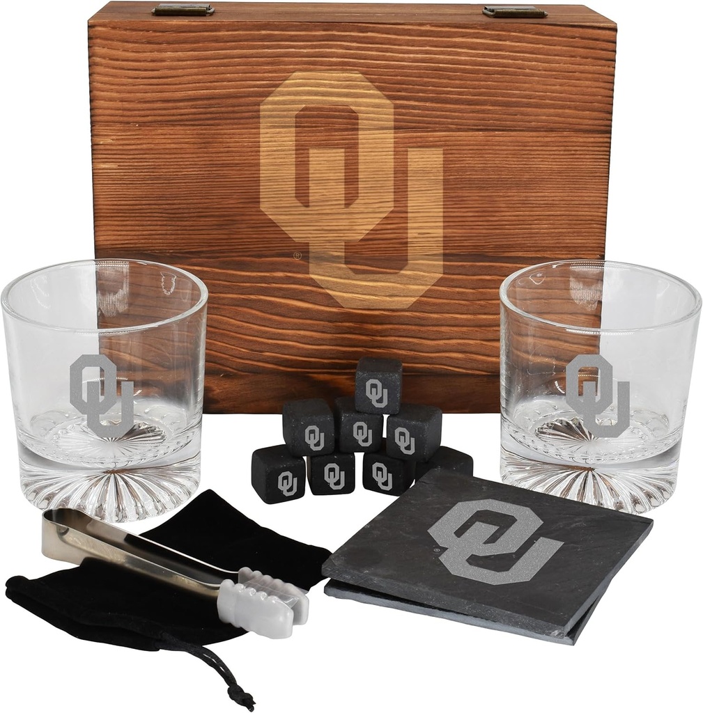 The Memory Company Licensed NCAA Wood Boxed Drinkware Gift Set - Includes 2 Premium Rock Glasses, Cooling Cubes, Tongs, and Coasters, University of Oklahoma