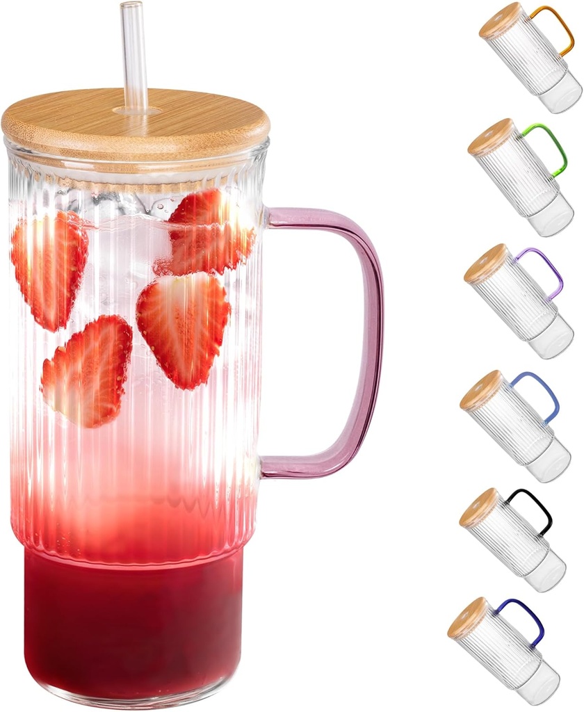 32oz Ribbed Glass Cup with Handle Bamboo Lid and Straw, Glass Tumbler, Iced Coffee Cups Hot/Cold Drinks (Pink Handle)