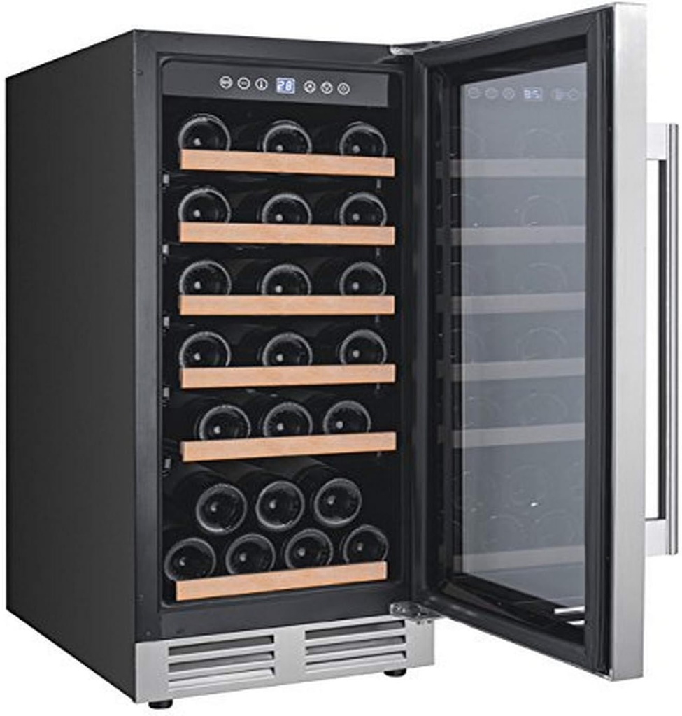 Avanti WCF281E3SS Wine Cooler Designer Series Freestanding Single-Zone Chiller, 28-Bottle Capacity with Vinyl Coated Pull-Out Shelves & Glass Door, LED Display, 15-Inch, Stainless Steel