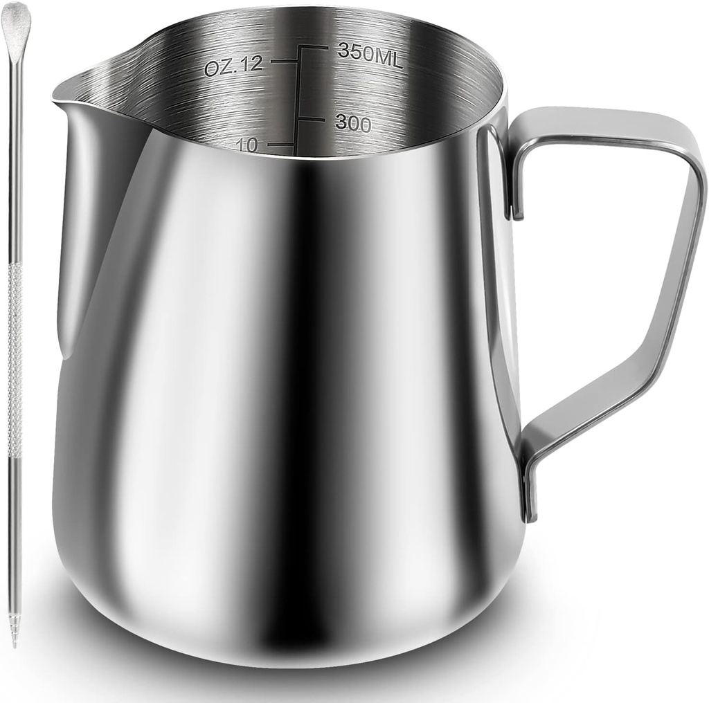 Milk Frothing Pitcher, Espresso Steaming Pitcher 12oz,Espresso Machine Accessories,Stainless Steel Milk Coffee Cappuccino Barista Steam Pitchers Milk Jug Cup with Decorating Pen Latte Art