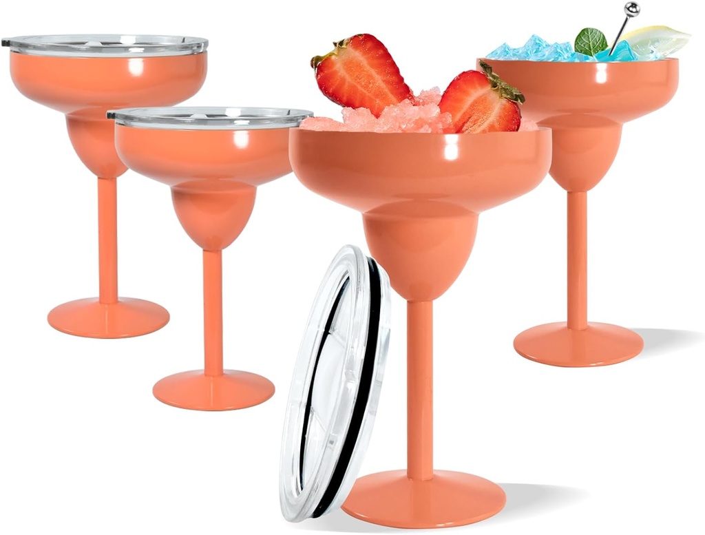4Pack Stainless Steel Margarita Glasses, Set of 4, 10oz Insulated Martini Glasses with Lid Unbreakable Cocktail Glasses Metal Wine Tumbler Mug, Stay Icy Cold, 4 Cocktail Picks, Mango