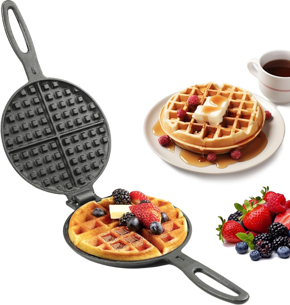 Cast Iron Waffle Cookware Two Piece Hinged Non Electric Waffle Iron for Stovetop or Grill Makes 7" Round Waffles Design Waffle Pan (7 inches)