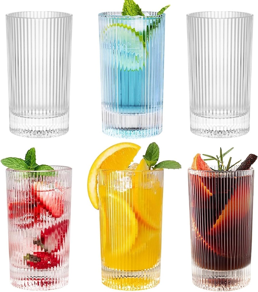 13 oz Highball Ribbed Glasses, Set of 6 - Ideal for Cocktails, Iced Coffee, and Iced Tea - Durable Drinkware (Style 1)