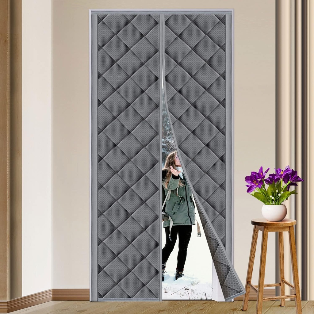 Magnetic Thermal Insulated Door Curtain Fits Door Size 36" x 82" Thicken Nylon Cotton Temporary Magnet Closure Thermal Door Cover Size W38 x L83 inch Weatherproof Windproof Soundproof, Grey