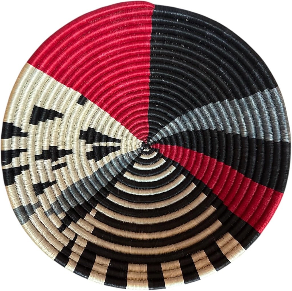 African Rwanda Woven Basket Red and Black Geo 10" x 2.5" Across