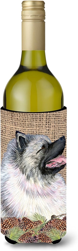 Caroline's Treasures SS4080LITERK Keeshond on Faux Burlap with Pine Cones Wine Bottle Hugger Bottle Cooler Sleeve Hugger Machine Washable Collapsible Insulator Beverage Insulated Holder