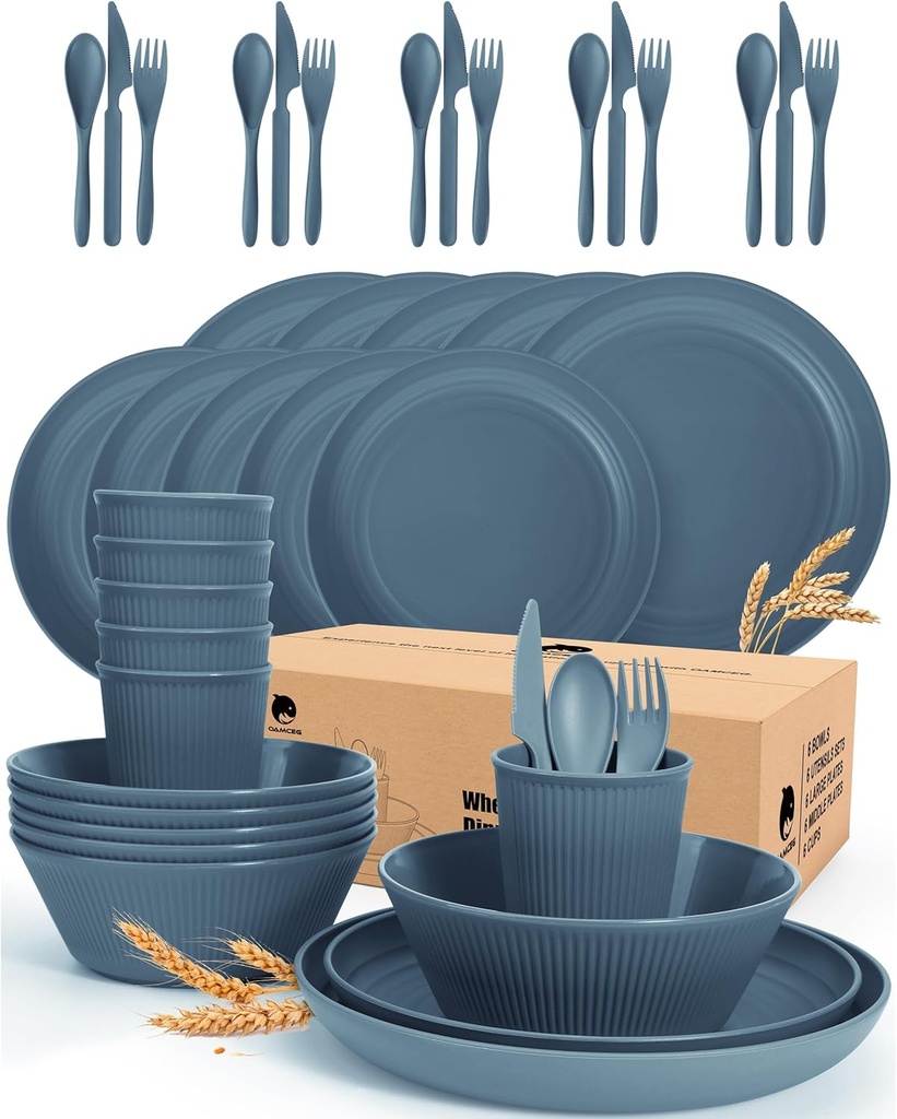 42 Pieces Kitchen Plates and Bowls Set - OAMCEG Plastic Dinner Set for 6, Wheat Straw Dinnerware Set, College Dorm Microwave Dishes, Unbreakable Plastic Outdoor Camping Dishes, Dark Blue