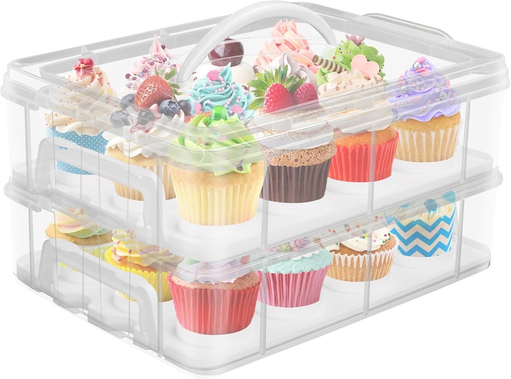 Cake Carrier with Lid, Two Tier Handle Cupcake Carrier, Stackable Cupcake Holder Container for 24 Cupcakes, Cake Carrier with Trays, Dessert Container for Cake Pie Muffin Cobbler, White