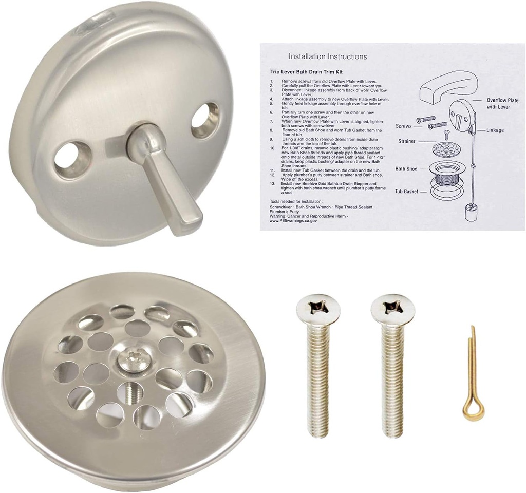 Trip Lever Bath Drain Trim Kit - Overflow Drain Cover for Bathroom Tub | BN