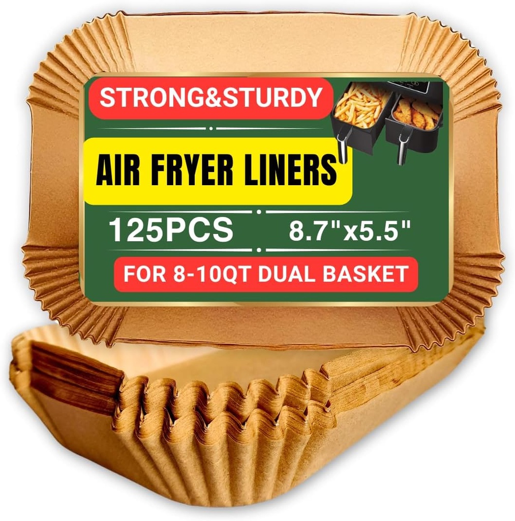 Disposable Air Fryer Parchment Paper Liners for Ninja DZ201 Dual AirFryer, Food Safe Waterproof Oilproof for Power XL, Ninja Foodi Air Fryer Accessories, Rectangle, 125 Pcs