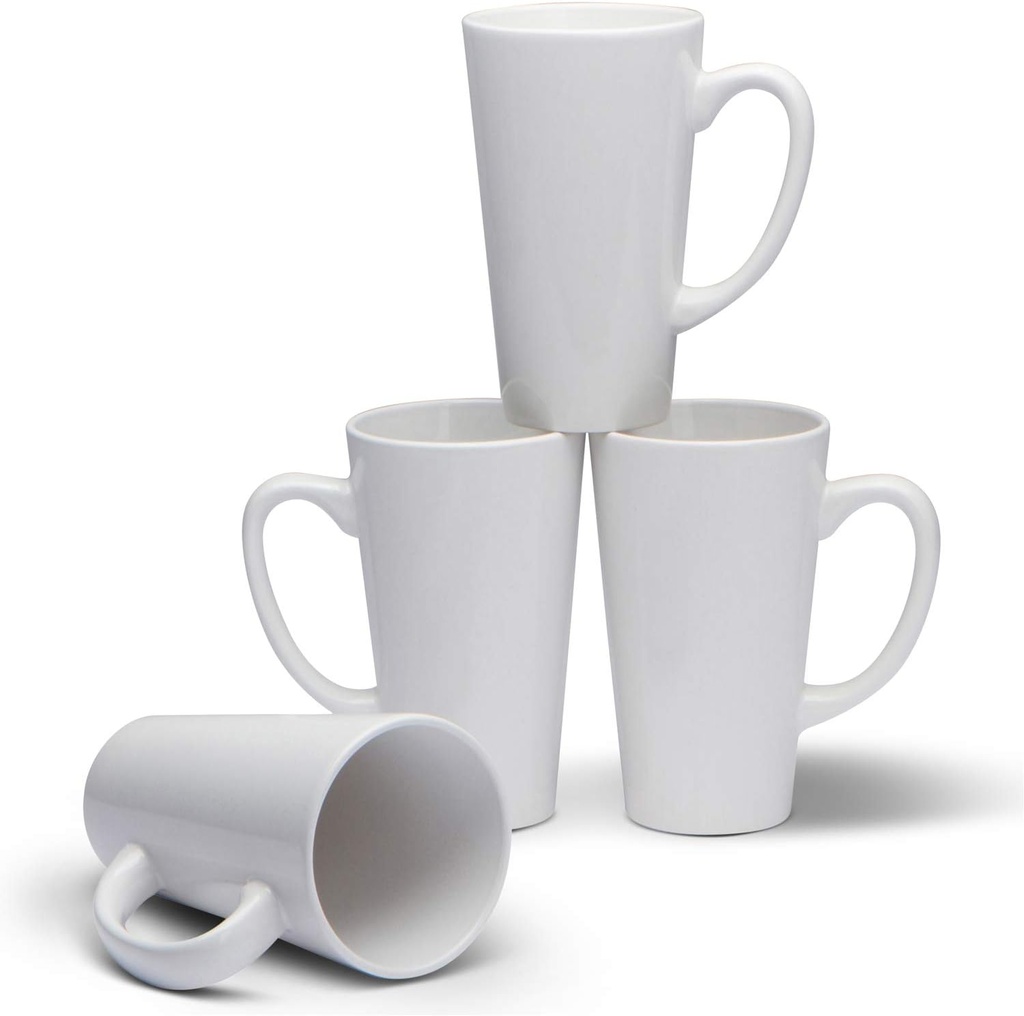 Serami 15oz White Funnel Ceramic Tall Coffee Mugs with Large Handles, Set of 4