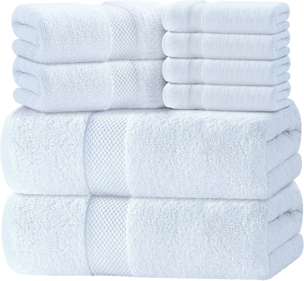 Luxury White Bath Towel Set of 8 Pieces - 100% Turkish Cotton 700 GSM Highly Absorbent Towels for Bathroom, 2 Bath Towels, 2 Hand Towels, 4 Washcloths