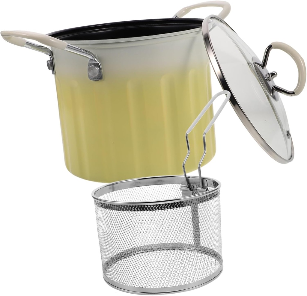 OUNONA Cast Iron Deep Fryer Pot with Lid and Strainer Basket Multipurpose Japanese Frying Pot for Induction and Gas Stoves Non Slip Base Heat Resistant Handles Oil Splatter Prevention for