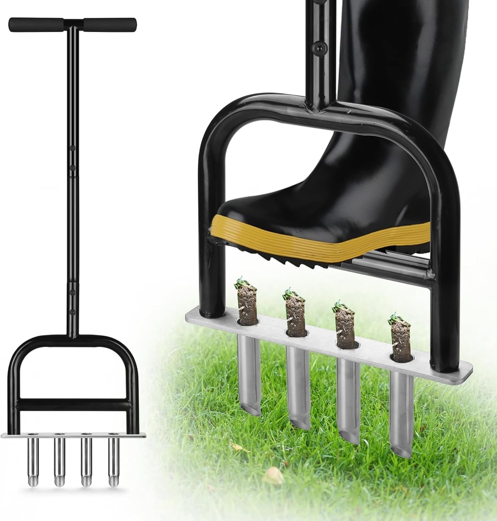 Lawn Core Aerator Tool Coring Grass Aerator Lawn Tool 4 Hollow Tines for Efficient Aeration Heavy Duty Steel Manual Plug Aerator for Lawn Care/Yard Soil Loosening/Grass Maintenance