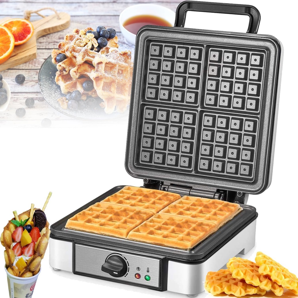 1200 W Electric Non-Stick Waffle Iron, Non-Stick Automatic Temperature Control, with 4 Detachable and Interchangeable Plates, Adjustable Temperature, for Toasties, Eggs, Grilled Meats