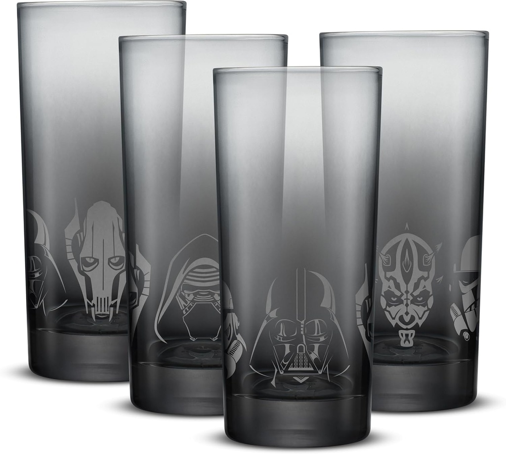 JoyJolt Star Wars Dark Side Drinking Glasses Set of 4, 15oz Highball Glasses, Tall Glass Cups ft Darth Vader Stormtrooper Darth Maul Kylo Ren and General Grievous, Star Wars Merch