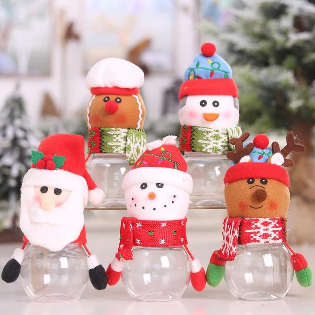 5PCS Christmas Candy Jars With Lid Cute Santa Snowman Elk Ornament Cookie Jar Plastic Candy Dish Biscuit Containers Storage Xmas Gift Favor Box for Children, Holiday Party Supply Home Decor