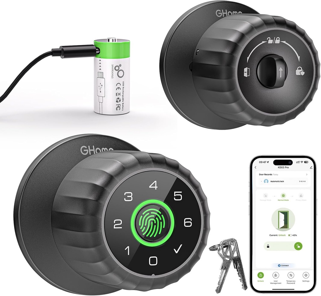 GHome Smart Fingerprint Door Lock, 4-in-1 Fingerprint Door Knob with Keypad, App Control, Removable & Rechargeable Battery, Keyless Entry Door Lock for Bedroom, Home, Garage, Apartment, Office, Black