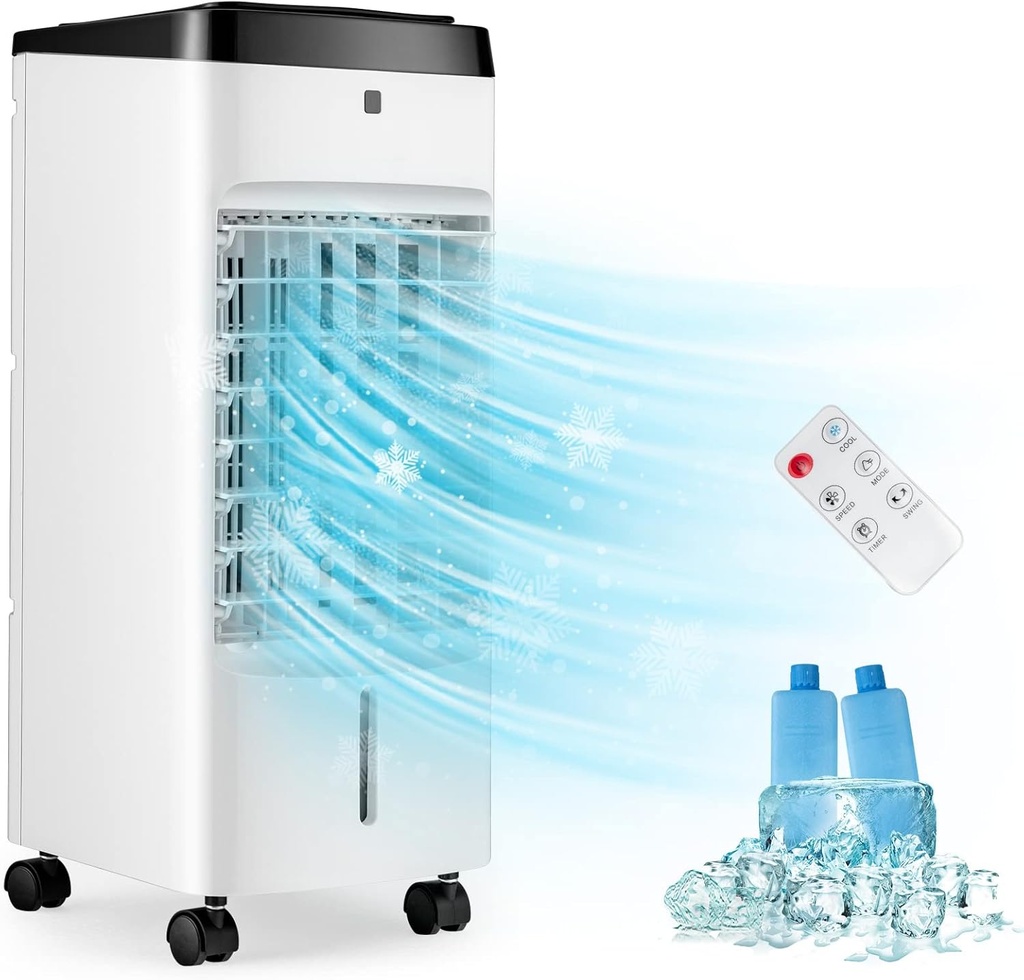 PETSITE Evaporative Air Cooler, Cold Air Cooling Fan with Remote Control, 4 Modes, 3 Speeds, 2 Ice Packs, 12H Timer, Portable Air Conditioner Windowless, Personal Swamp Cooler for Bedroom Home Dorm