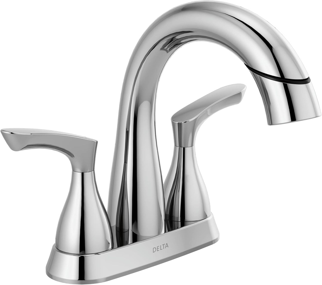 Delta Broadmoor Centerset Chrome Bathroom Faucet with Sprayer, 4 Inch 3 Hole Bathroom Sink Faucet with Pull Out Sprayer, Push-Pop Drain, Chrome 25765LF-PD