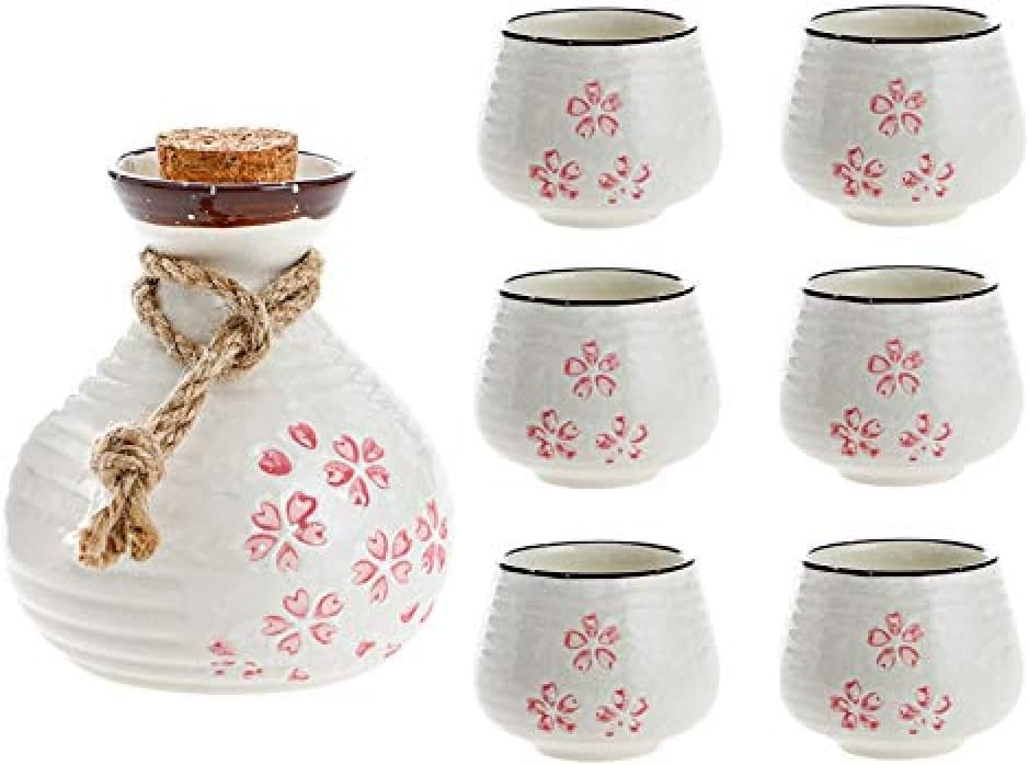 7 Pieces Sake Set with 1 Sake Bottle and 6 Cups, Thread Sake Set Hand Painted Handmade Ceramic Porcelain Sake Shell,Pink-Beige