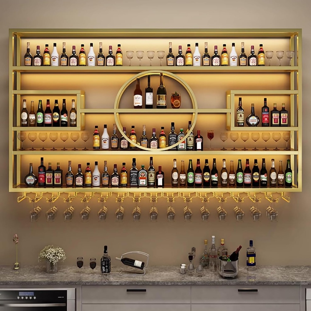 Wall Mounted Wine Rack with LED Light and Glass Holder Iron Floating Bar Shelf for Liquor Bottles Metal Wine Storage Organizer for Kitchen or Wine Cellar Hanging Wine Dis